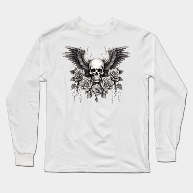 Gothic Angel Wings, Skull, Roses, Grunge Rocker Long Sleeve T-Shirt by LunaElizabeth